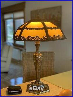 12 Panel Slag Glass Lamp Caramel Color Brass -24 Tall