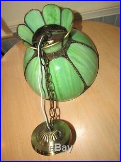 16 Vtg GREEN STAINED SLAG GLASS HANGING Lamp Tiffany Style Light Chandelier
