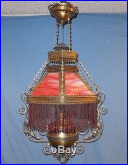 1890's 14 Victorian Miller Slag art Glass Hanging Parlor Oil Lamp