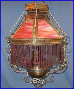1890's 14 Victorian Miller Slag art Glass Hanging Parlor Oil Lamp
