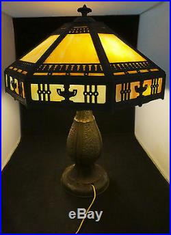 1900 Bradley Hubbard Arts Crafts Caramel Slag Glass Lamp Dark Green Bronzed