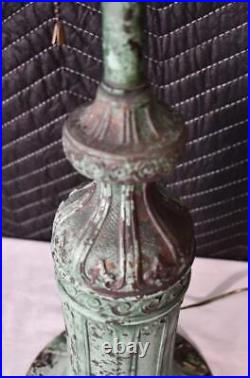 1900s Antique Arts and crafts Bronze & Slag glass shade table lamp
