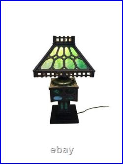 1900s Cast Iron Mottled Green Slag Glass Lamp Electric Light Modified