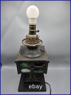 1900s Cast Iron Mottled Green Slag Glass Lamp Electric Light Modified