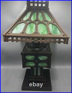1900s Cast Iron Mottled Green Slag Glass Lamp Electric Light Modified