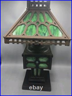 1900s Cast Iron Mottled Green Slag Glass Lamp Electric Light Modified