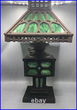 1900s Cast Iron Mottled Green Slag Glass Lamp Electric Light Modified