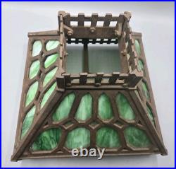 1900s Cast Iron Mottled Green Slag Glass Lamp Electric Light Modified