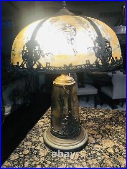 1910 Antique Art Nouveau 6 Panel Reverse Paint Slag Glass Handel Pittsburgh Lamp