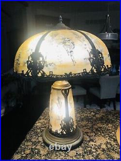 1910 Antique Art Nouveau 6 Panel Reverse Paint Slag Glass Handel Pittsburgh Lamp