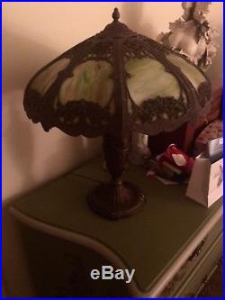 1910 Antique Victorian Art Nouveau Bent Green slag glass lamp. Filigree