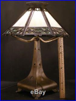 1910 Arts Crafts Mission Jewel Sgnd Bradley Hubbard Slag Glass Panel Bronze Lamp
