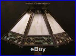 1910 Arts Crafts Mission Jewel Sgnd Bradley Hubbard Slag Glass Panel Bronze Lamp