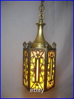 1920's 6 Panel Slag Glass Brass Pendant Light Art Nouveau Style Metal Overlay