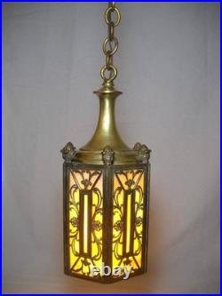 1920's 6 Panel Slag Glass Brass Pendant Light Art Nouveau Style Metal Overlay