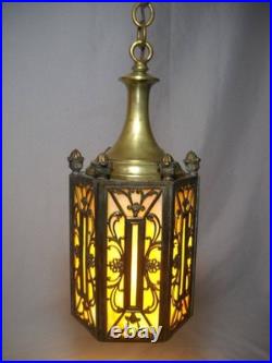 1920's 6 Panel Slag Glass Brass Pendant Light Art Nouveau Style Metal Overlay