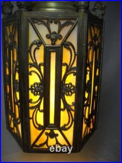 1920's 6 Panel Slag Glass Brass Pendant Light Art Nouveau Style Metal Overlay