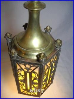 1920's 6 Panel Slag Glass Brass Pendant Light Art Nouveau Style Metal Overlay