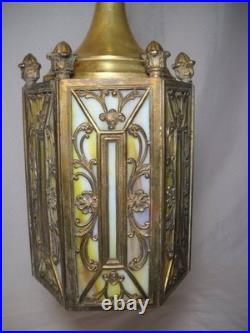 1920's 6 Panel Slag Glass Brass Pendant Light Art Nouveau Style Metal Overlay