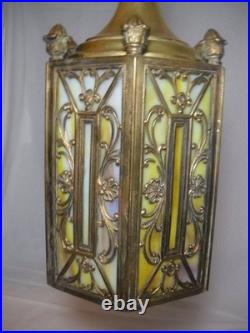 1920's 6 Panel Slag Glass Brass Pendant Light Art Nouveau Style Metal Overlay