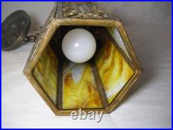 1920's 6 Panel Slag Glass Brass Pendant Light Art Nouveau Style Metal Overlay