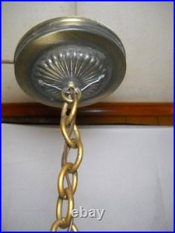 1920's 6 Panel Slag Glass Brass Pendant Light Art Nouveau Style Metal Overlay