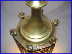 1920's 6 Panel Slag Glass Brass Pendant Light Art Nouveau Style Metal Overlay