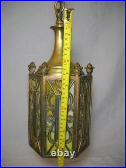 1920's 6 Panel Slag Glass Brass Pendant Light Art Nouveau Style Metal Overlay