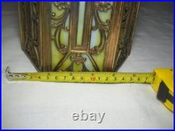 1920's 6 Panel Slag Glass Brass Pendant Light Art Nouveau Style Metal Overlay