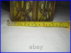 1920's 6 Panel Slag Glass Brass Pendant Light Art Nouveau Style Metal Overlay