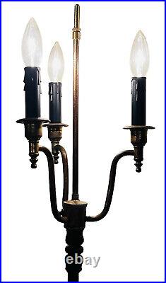 1920's Akro Agate Slag Glass & Jadeite Gothic Candelabra Floor Lamp 3-Arm 59H