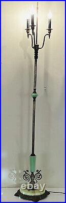 1920's Akro Agate Slag Glass & Jadeite Gothic Candelabra Floor Lamp 3-Arm 59H