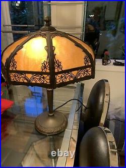 1920's American Arts & Crafts Movement Bronze Caramel Slag Glass Table Lamp