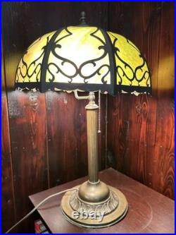 1920's Antique Table Lamp, Green Glass Slag Panels, Overlay Design, Orig Brass Base 1920's Antique Table Lamp, Green Glass Slag Panels, Overlay Design, Orig Brass Base