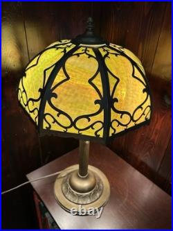 1920's Antique Table Lamp, Green Glass Slag Panels, Overlay Design, Orig Brass Base