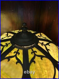 1920's Antique Table Lamp, Green Glass Slag Panels, Overlay Design, Orig Brass Base