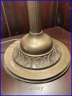 1920's Antique Table Lamp, Green Glass Slag Panels, Overlay Design, Orig Brass Base