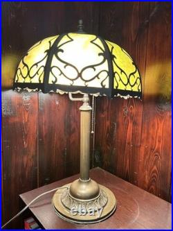 1920's Antique Table Lamp, Green Glass Slag Panels, Overlay Design, Orig Brass Base 1920's Antique Table Lamp, Green Glass Slag Panels, Overlay Design, Orig Brass Base