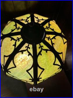 1920's Antique Table Lamp, Green Glass Slag Panels, Overlay Design, Orig Brass Base 1920's Antique Table Lamp, Green Glass Slag Panels, Overlay Design, Orig Brass Base