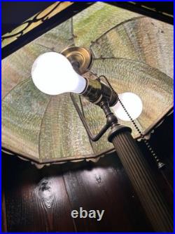 1920's Antique Table Lamp, Green Glass Slag Panels, Overlay Design, Orig Brass Base