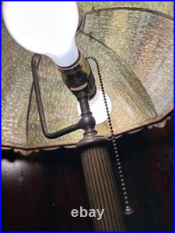 1920's Antique Table Lamp, Green Glass Slag Panels, Overlay Design, Orig Brass Base