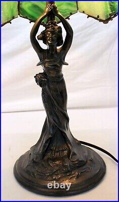 1920's Art Deco FIGURAL WOMAN Lamp with GREEN SLAG GLASS SHADE 23 Tall