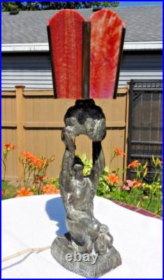 1920's Art Deco Table Lamp with Red Slag Glass Shade Hemera Greek Goddess Light