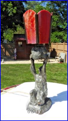 1920's Art Deco Table Lamp with Red Slag Glass Shade Hemera Greek Goddess Light