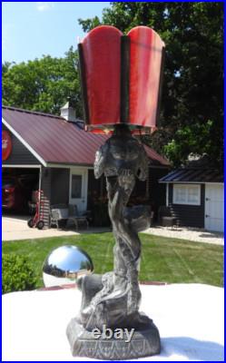 1920's Art Deco Table Lamp with Red Slag Glass Shade Hemera Greek Goddess Light