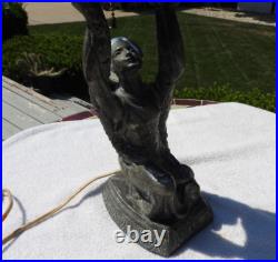 1920's Art Deco Table Lamp with Red Slag Glass Shade Hemera Greek Goddess Light