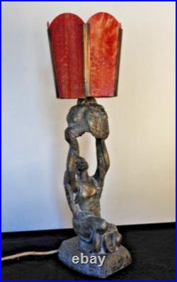 1920's Art Deco Table Lamp with Red Slag Glass Shade Hemera Greek Goddess Light