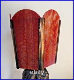 1920's Art Deco Table Lamp with Red Slag Glass Shade Hemera Greek Goddess Light