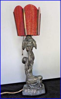1920's Art Deco Table Lamp with Red Slag Glass Shade Hemera Greek Goddess Light