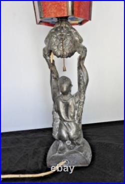 1920's Art Deco Table Lamp with Red Slag Glass Shade Hemera Greek Goddess Light